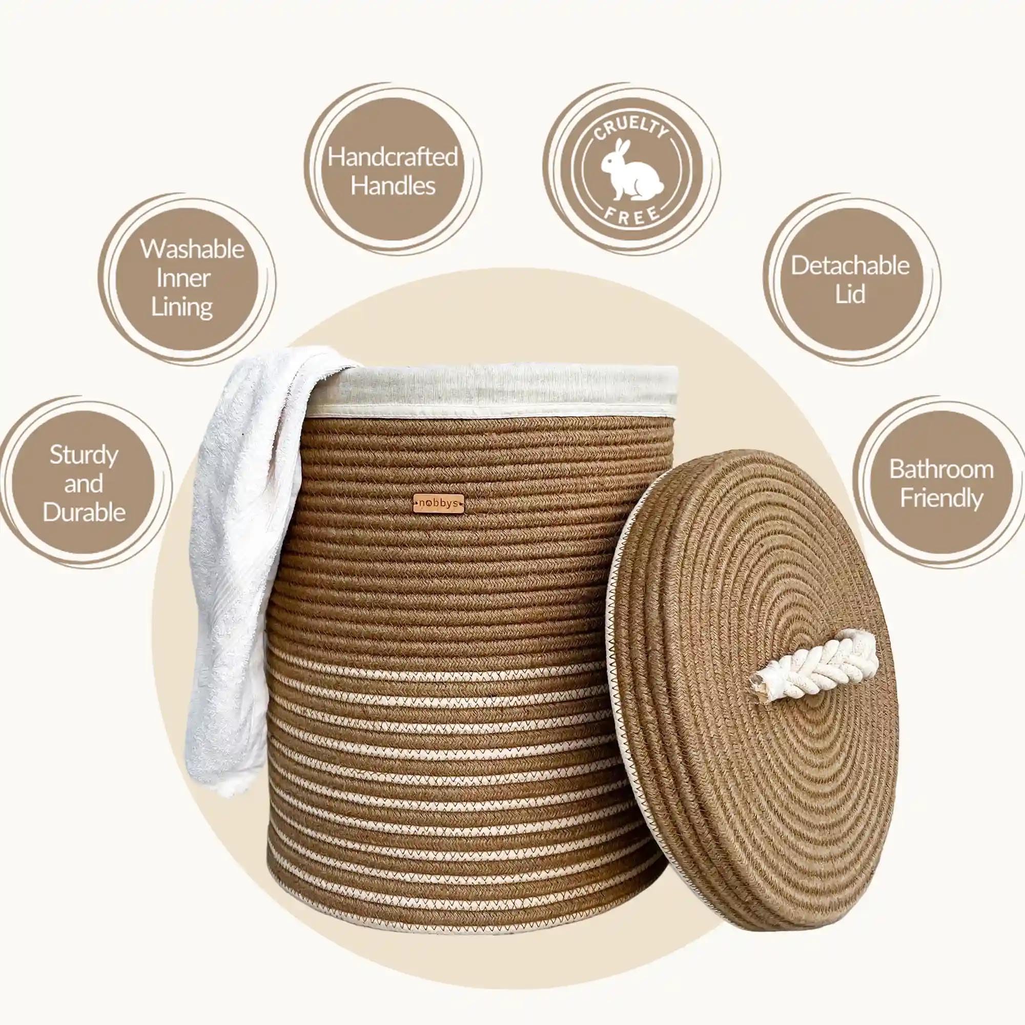 Nobbys Jute Cotton Striped Laundry Basket with Lid (14D x 18H) - 45 Litres,multicolour